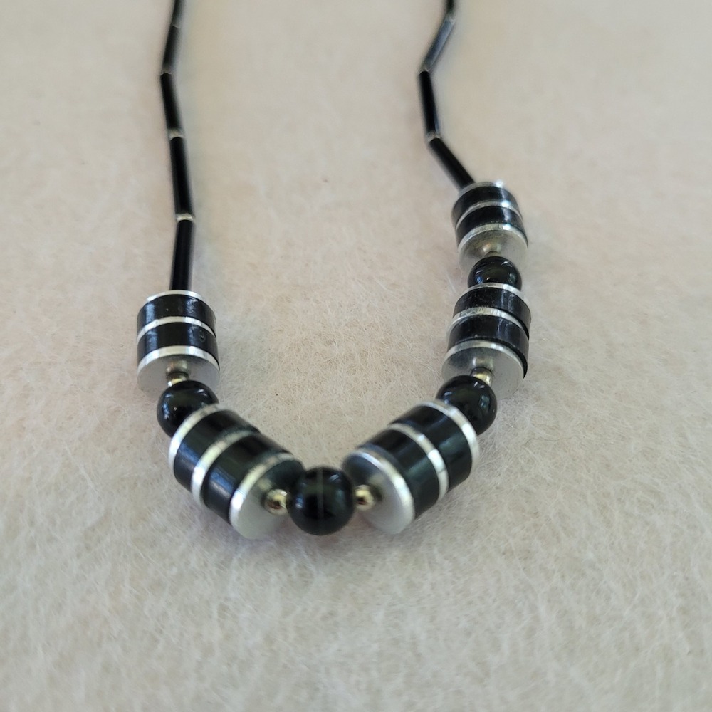 Art Deco Style Black Onyx Silver Tone Geometric Bead Necklace 14in